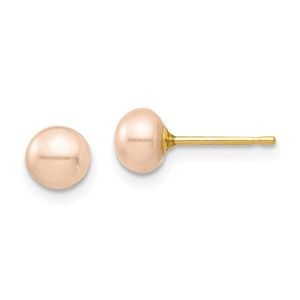 14k Yellow Gold Childrens 5-6mm Pink Button FWC Pearl Stud Post Earrings